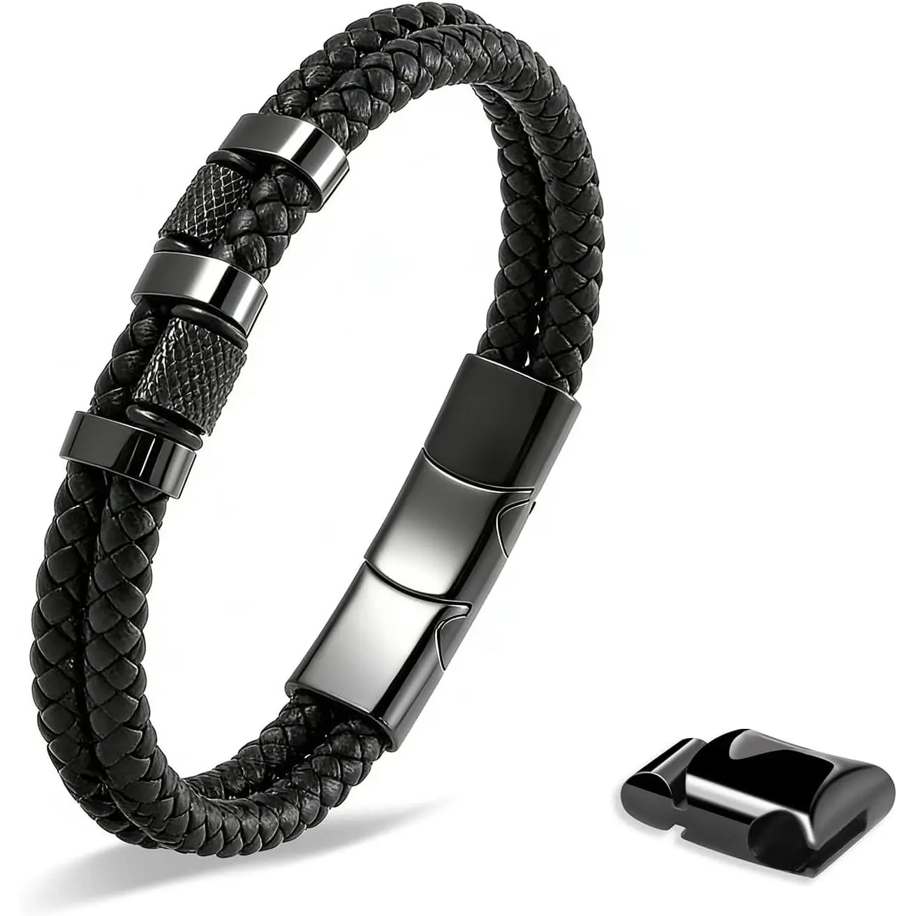 black genuine leather bracelet for men with adjustable stainless steel magnetic clasp - multi-layer braided rope design - stylish bracelet for men Fits wrist sizes 6.1-7.5 inches.