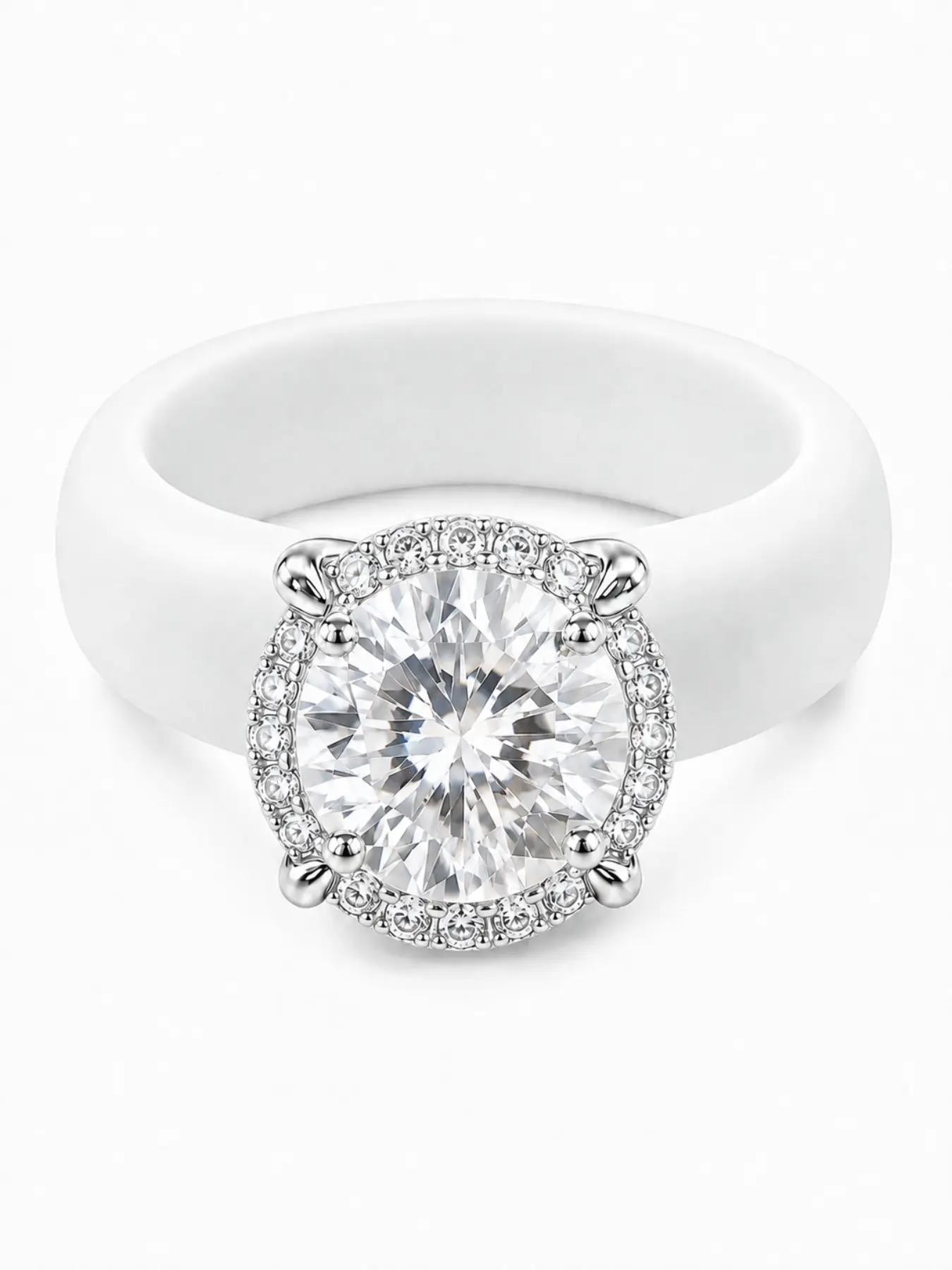 Women's Halo Silicone Engagement Ring, Round Cut, Silver Color Four Prong Setting, Flexible Rubber Wedding Band, Classic Bride Jewelry, 4 Colors, Engagement Ring Styles