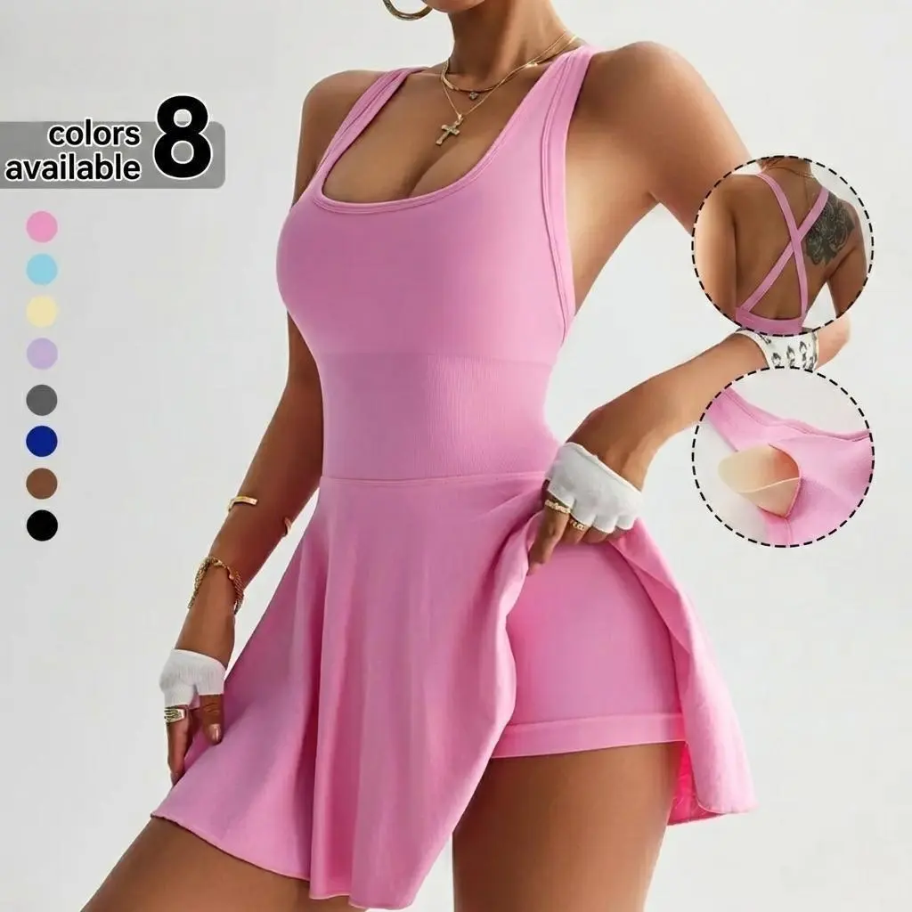 Women's U-Neck Backless Sleeveless Sports Dress - Ribbed Compression Skort Dress with Tummy Control, Removable Padding (Sportswear, Activewear for Tennis; TikTok Shop Back to School), Sportswear Dress