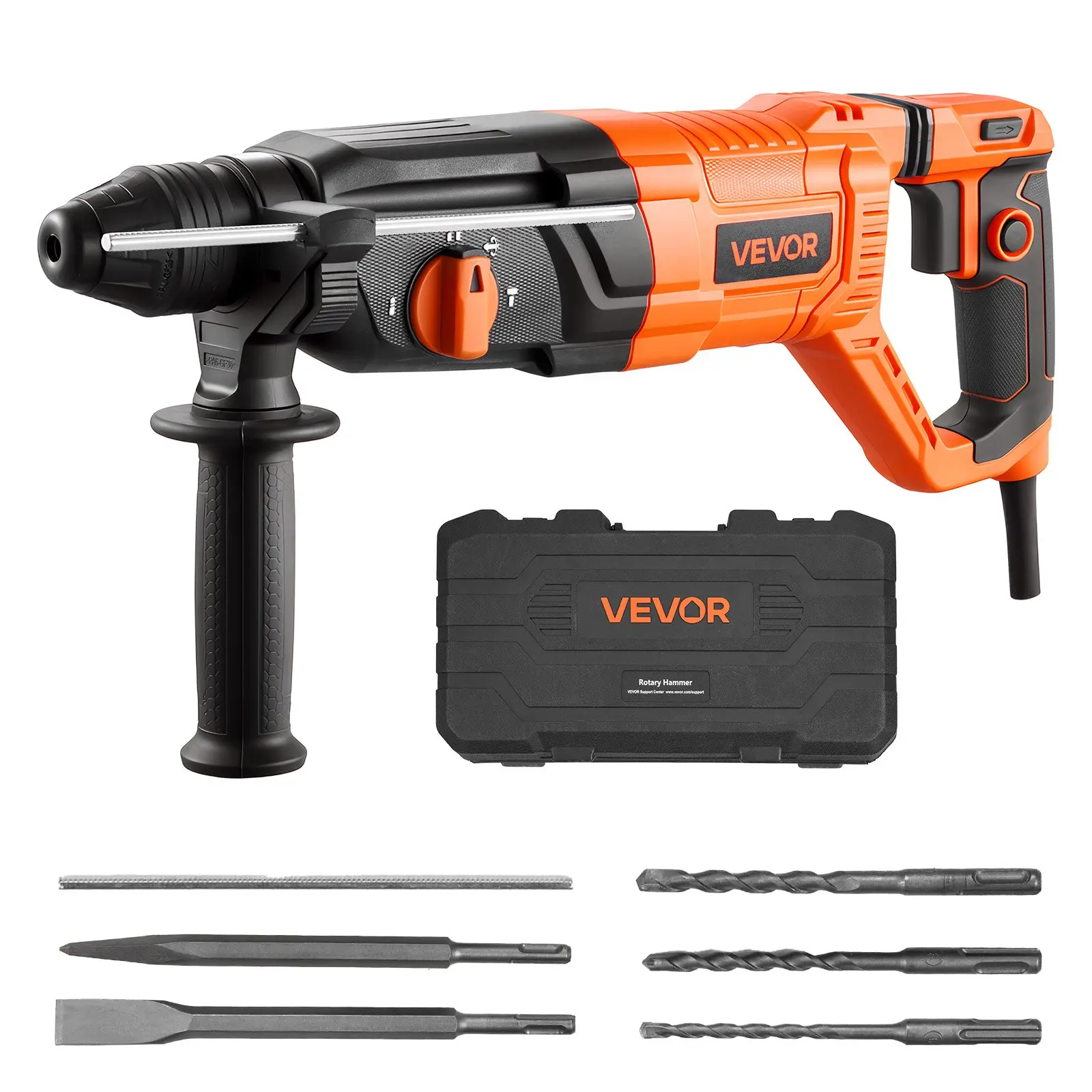 VEVOR SDS-Plus Rotary Hammer Impact Drill, 1-1/8 in Corded Heavy Duty Tool with 4 Functions, Forward/Reverse, 3 Drill Bits, Flat/Pointed Chisels, Carrying Case for Concrete, Hard Surfaces, Masonry