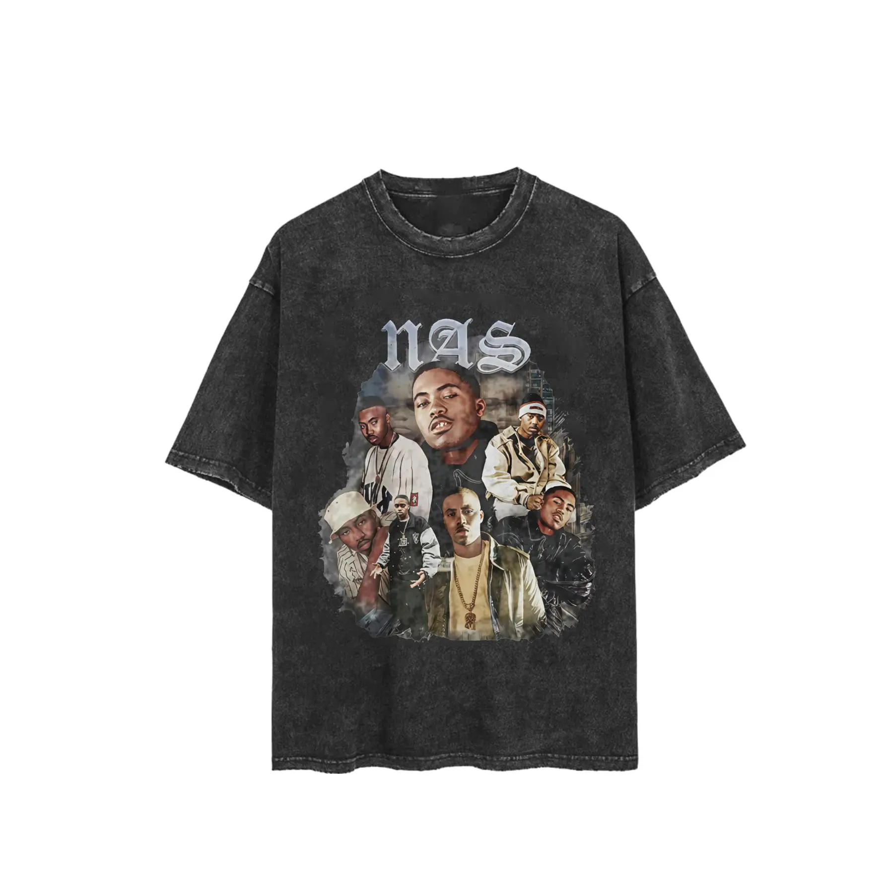 Men's Washed Vintage Knit Short-Sleeve Graphic Tee - NAS Rapper Multi-Portrait Gothic Font Hip Hop Retro Collage Print, Stretch Fabric, Crew Neck, Loose Casual Streetwear Menswear Daily Tops, Shortsleeve, Round Neck, Classic, Cotton, Loose Fit, Tshirt, Go
