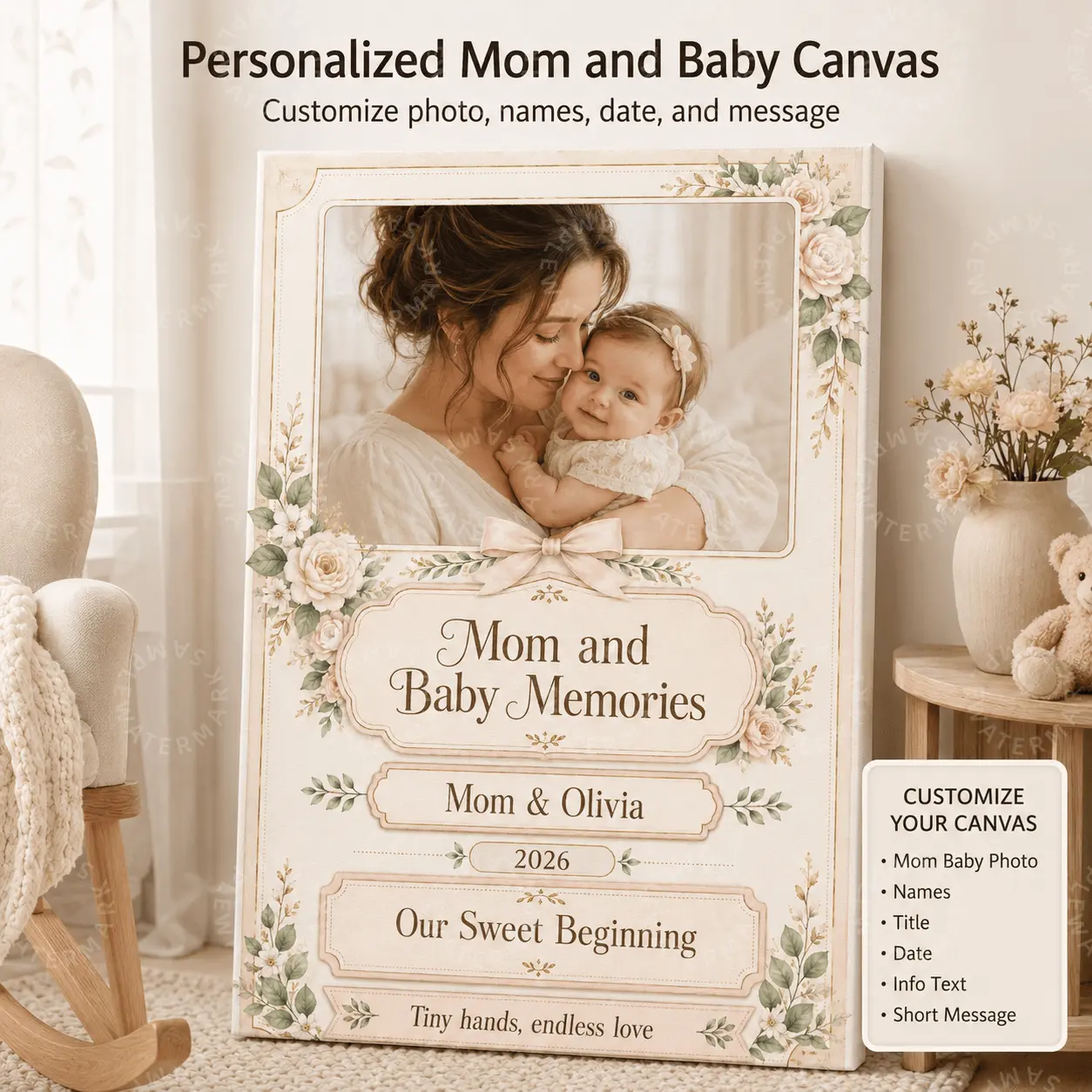 Personalized Mom and Baby Canvas Print with Newborn Photo, Names, Date, Message - Framed Floral Neutral Nursery Decoration, Baby Shower Gift, Family Keepsake for Bedroom Living Room Home Decor
