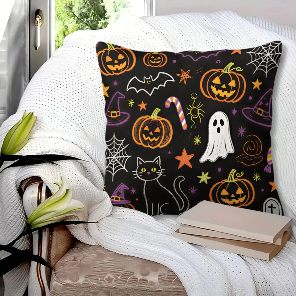45x45cm 1Pc Watercolor Halloween Pumpkin Ghost Throw Pillow, Washable, Trend Print, Plush Soft Insert Decor Cushion For Sofa Bay Window Living Room (With Pillow Insert)