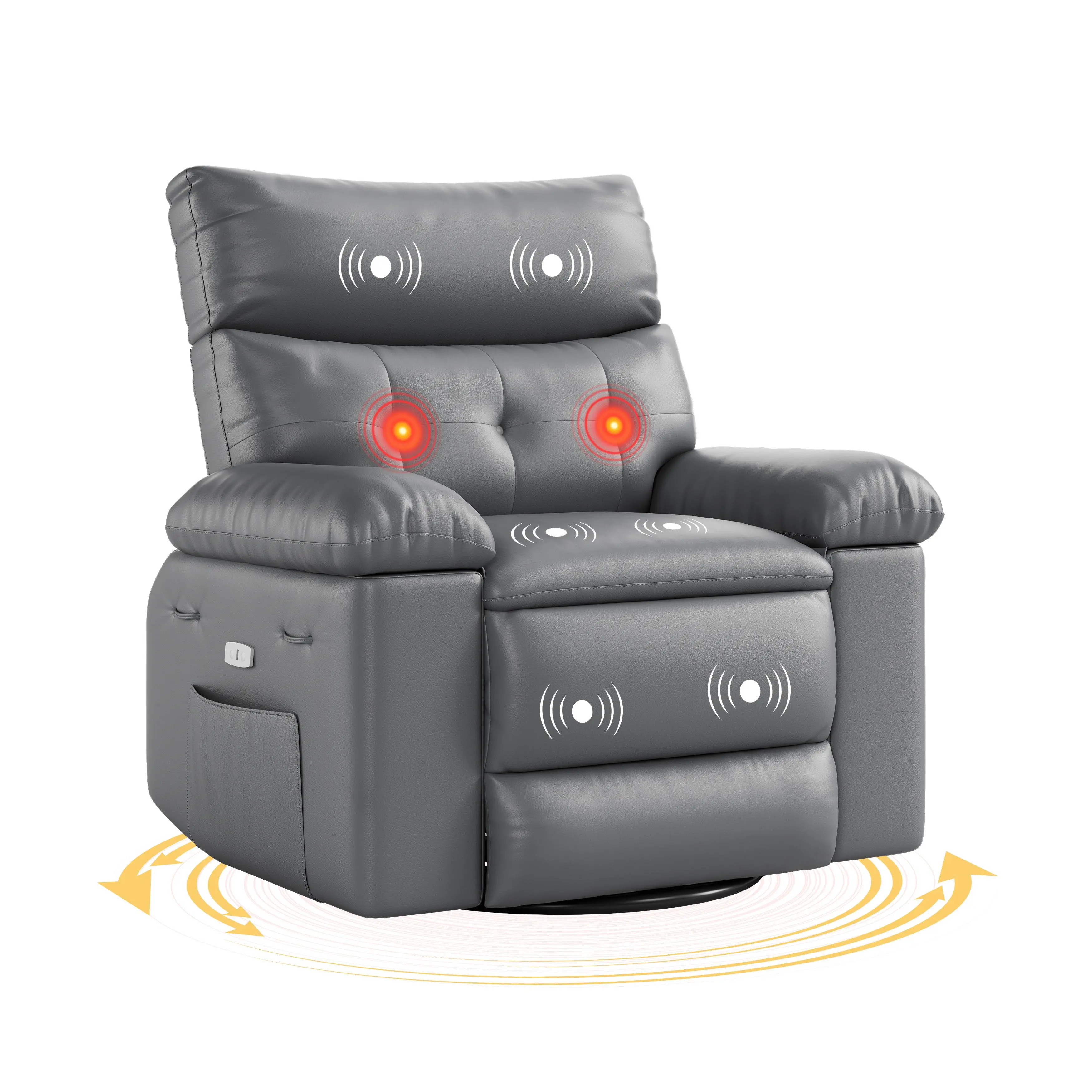 Oversized Swivel Rocking Recliner Chair - PU Leather, Heat Massage, Manual Handle, Remote Control, Cup Holder, Storage - Nursing Chair for Living Room/Bedroom