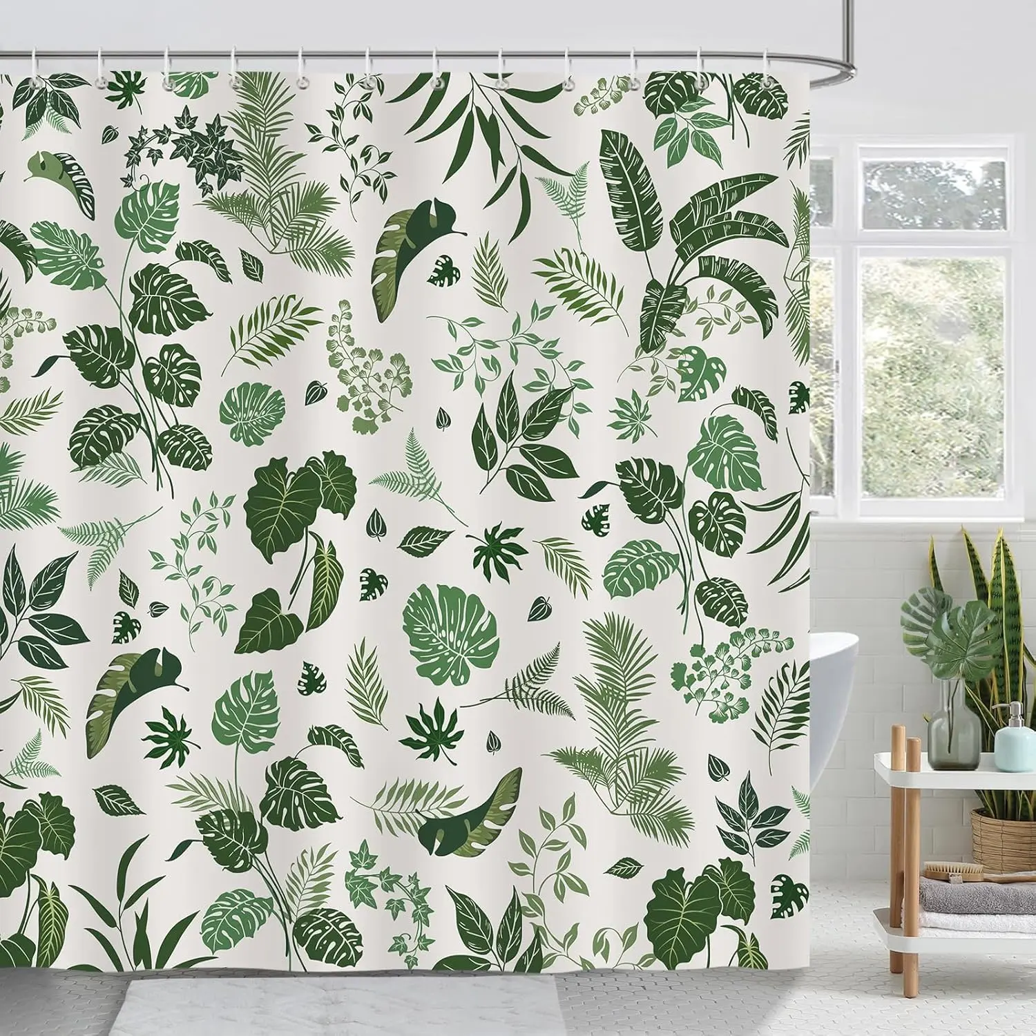 Green Leaf Shower, Tropical Jungle Leaves Plant Nature 72 x 72 Inch Waterproof Bath with 12