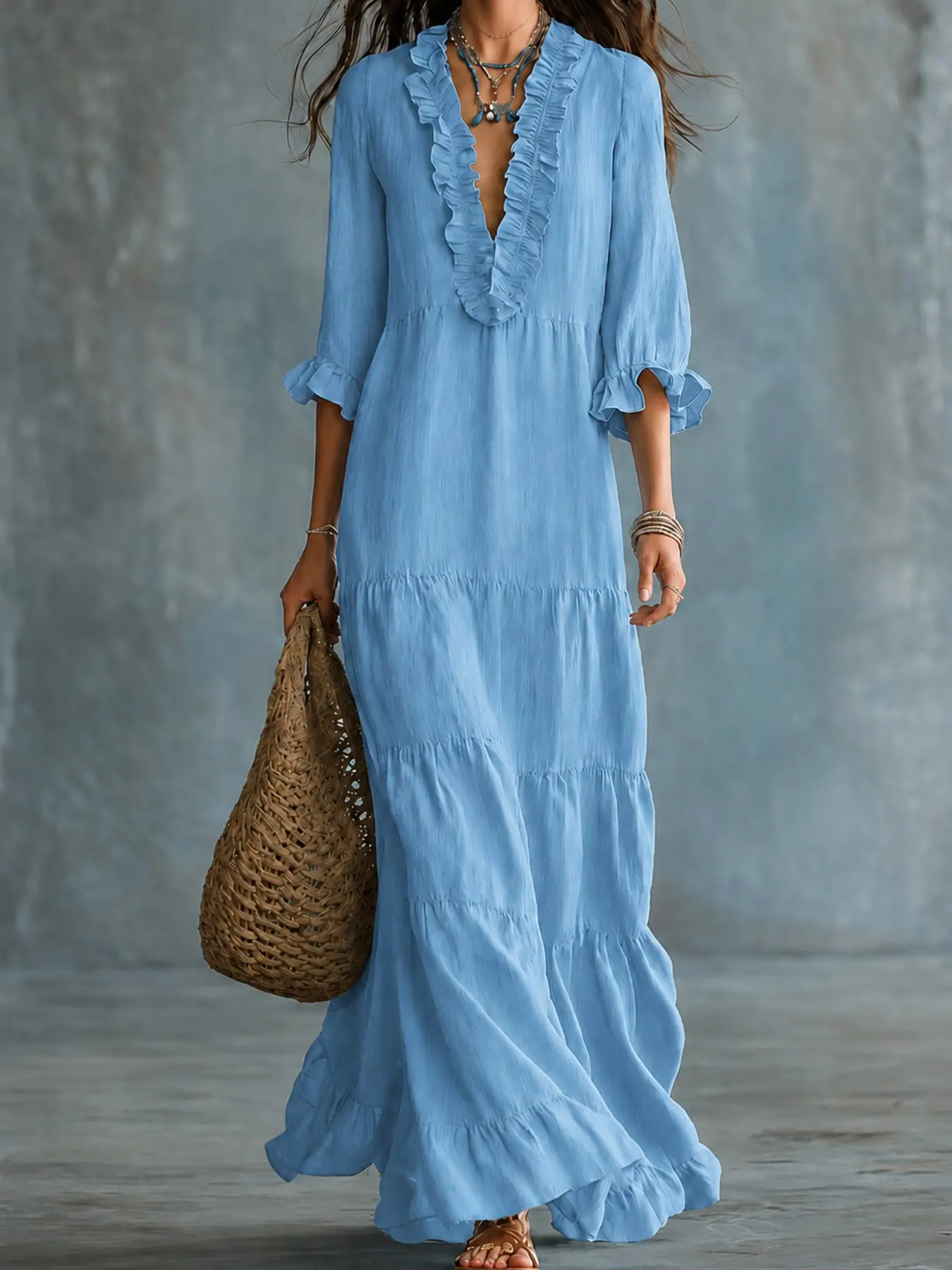 New Bohemian Style Dress for Women, Ruffled Sleeve Deep V Neck Loose Solid Color Casual Vacation Beach Travel Long Dress
