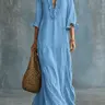 New Bohemian Style Dress for Women, Ruffled Sleeve Deep V Neck Loose Solid Color Casual Vacation Beach Travel Long Dress, Beachy Style Dress