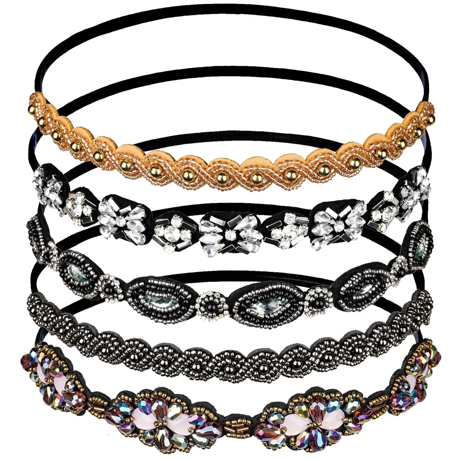 5pcs Elastic Beaded Headbands, Jewels Hairbands Hat Bands, Crystal Rhinestone Headband for Women Girls