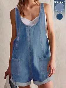 Women's Solid Color Denim Short Overalls, Casual Comfy Sleeveless Adjustable Overalls for Daily Wear, Ladies Clothes for Spring & Summer