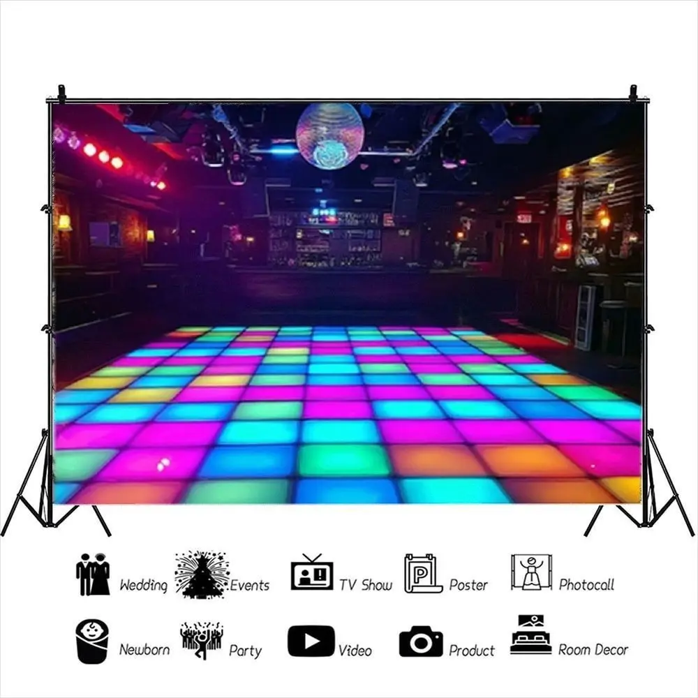 2D Flat Disco Party Dance Floor Backdrop, Retro Neon Grid Hanging Cloth, 70s Club Theme Photo Background, Polyester Material, Indoor Outdoor Use, Polyester Photoshoot Backdrop