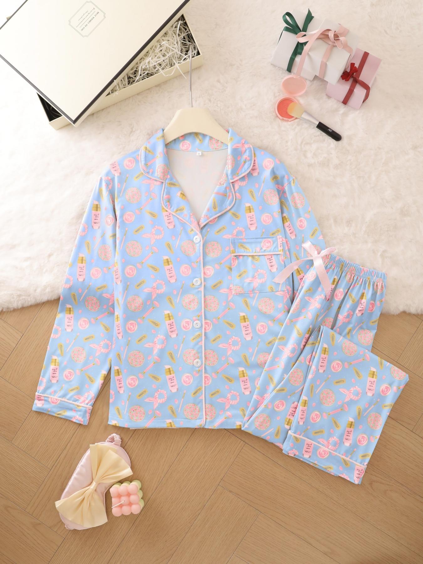 Women's All Over Print Lapel Neck Pajama Set, Long Sleeve Button Top & Tie Front Pants PJ Set, Casual Comfy Loungewear Set for Women