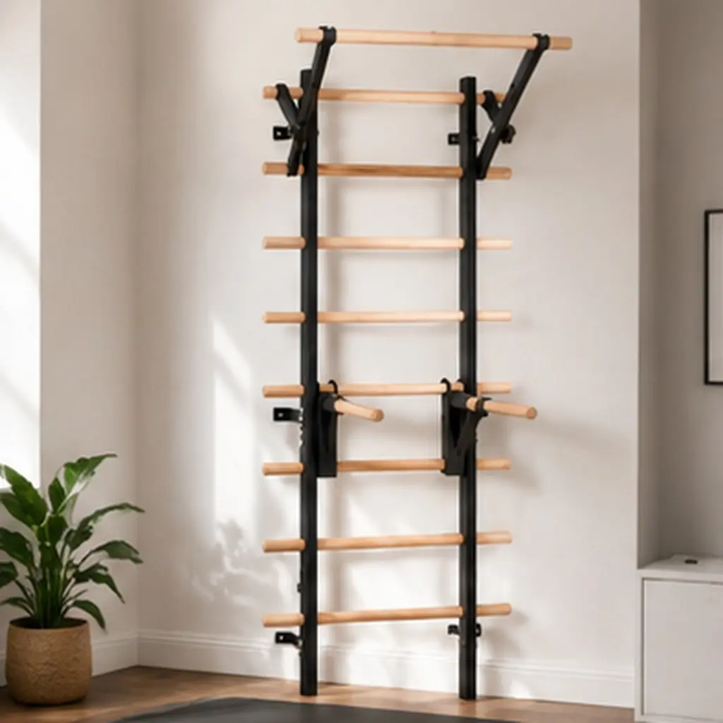 ARCH Wall Mount Pull Up Bar with Adjustable Dip Bars, Resistance Straps, Heavy Duty Steel Frame, 286lbs Capacity, Solid Beech Wooden Rungs, 20.87w x31.50d x83.46h in Home Gyms Station for Bedrooms Pull Ups, Strength Training, Black+Natural Color Options,