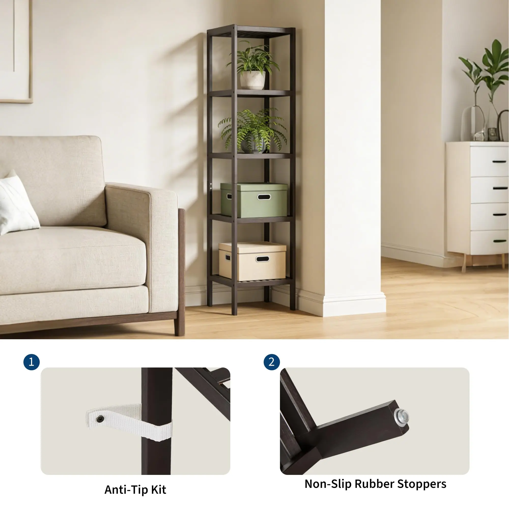 Garvee Minimalist 5-Tier Narrow Wooden Shelf - Freestanding Decorative Natural Wood Storage Rack with Slatted Shelves, Easy Installation Plant Stand & Towel Organizer for Bathroom, Bedroom, Kitchen