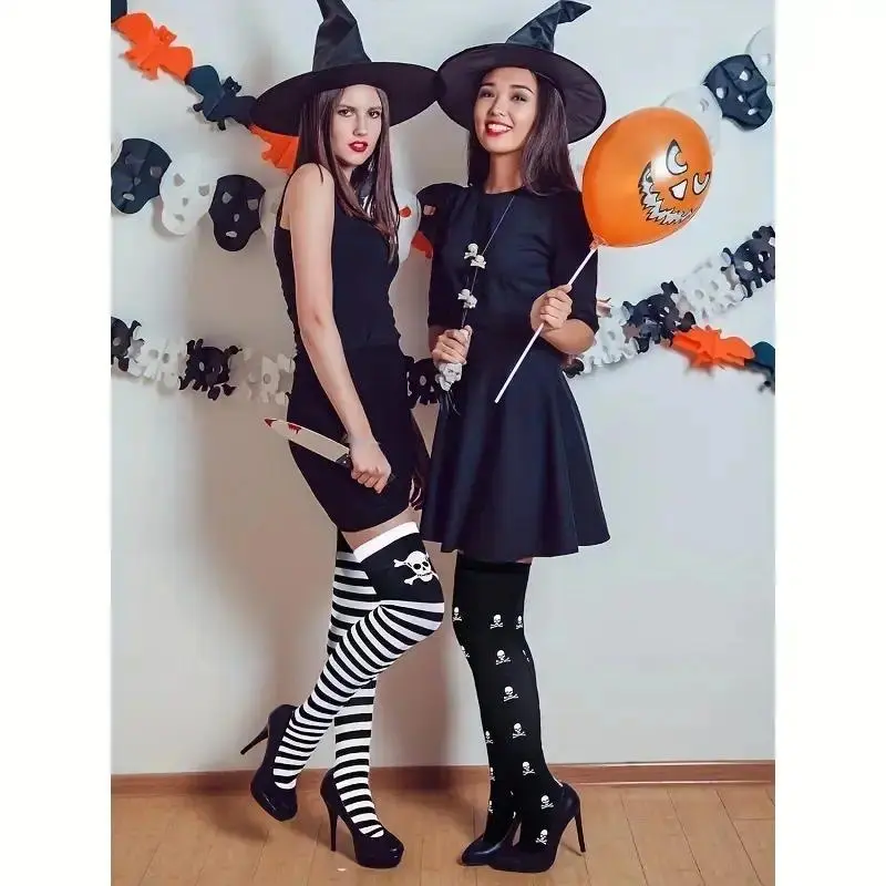 4 Pairs Halloween Thigh High Long Stockings, over Knee Skull Socks for Cosplay, Perfect for Halloween Costume Party Accessories Striped Fashion Ideal