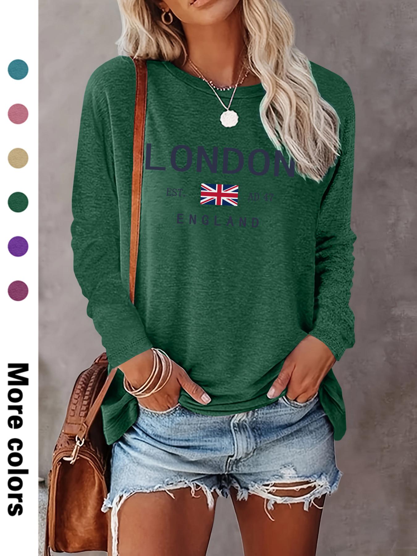 Women's Casual Letter Print Long Sleeve Round Neck Basic Fitted Thin Top, Available in 10 Colors, Perfect for Fall & Winter Fashion