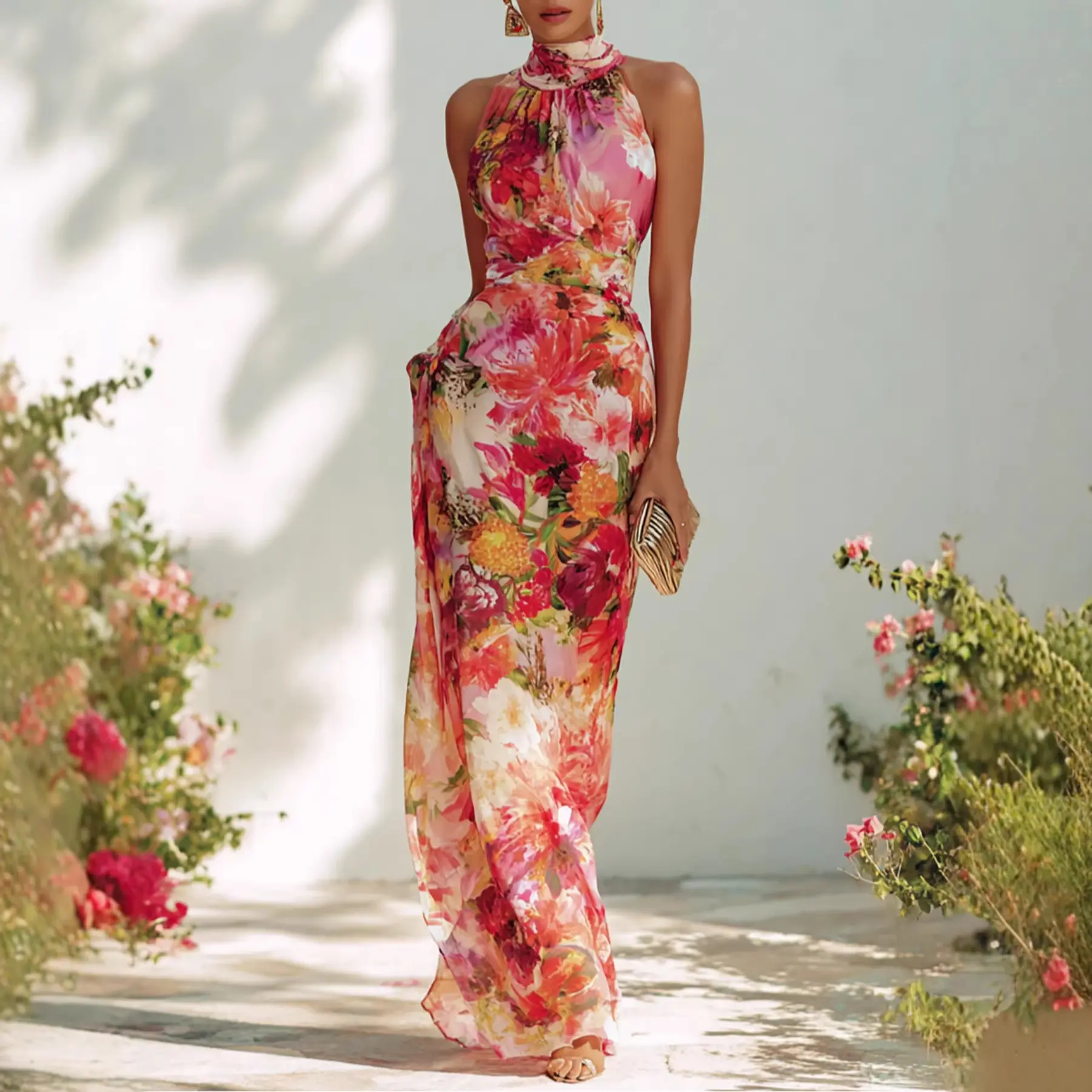 Women's 2026 New Formal Wear Floral Print French Elegant Halter-Neck Sleeveless Slim Chiffon Dress for Ladies (European & American Spring-Summer Style)