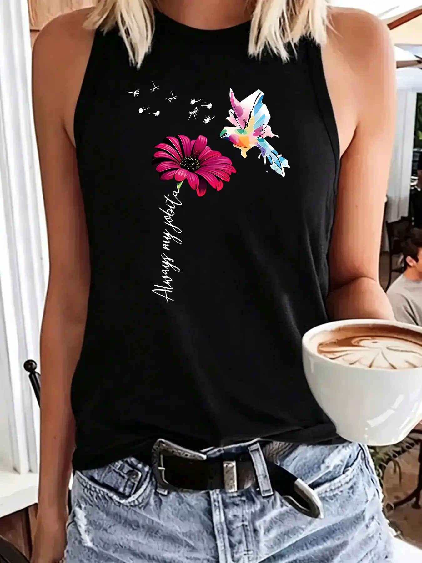 Women's Sleeveless Tank Top, Graphic Hummingbird Print, Casual Round Neck, All-Season, Loose Fit, Non-Sheer Fabric