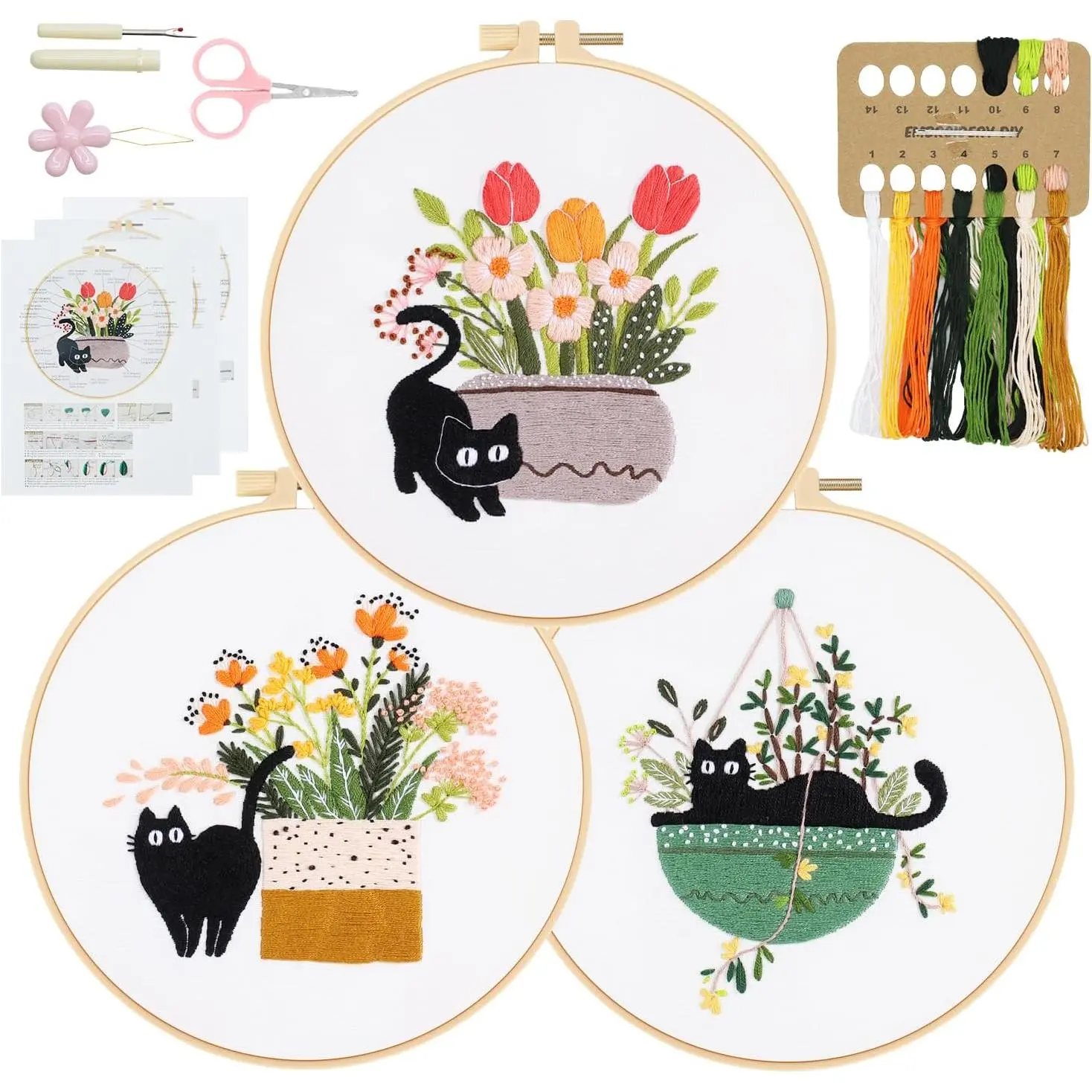Embroidery Kit for Beginners, Set of 3 Stamped DIY Kits with , Floral,  Patterns for Adults, Includes Hoop, , Floss, Step-by-Step Video Tutorial, Complete Sewing Craft Supplies