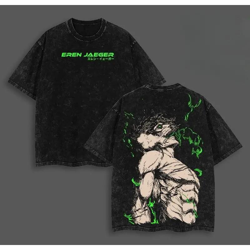 Eren Yeager Attack on Titan Graphic Tee – Oversized Acid-Washed Heavyweight Cotton Anime Shirt, Soft Manga Unisex Streetwear Top, Trendy Menswear for Casual, Party, Convention, and Anime Fans