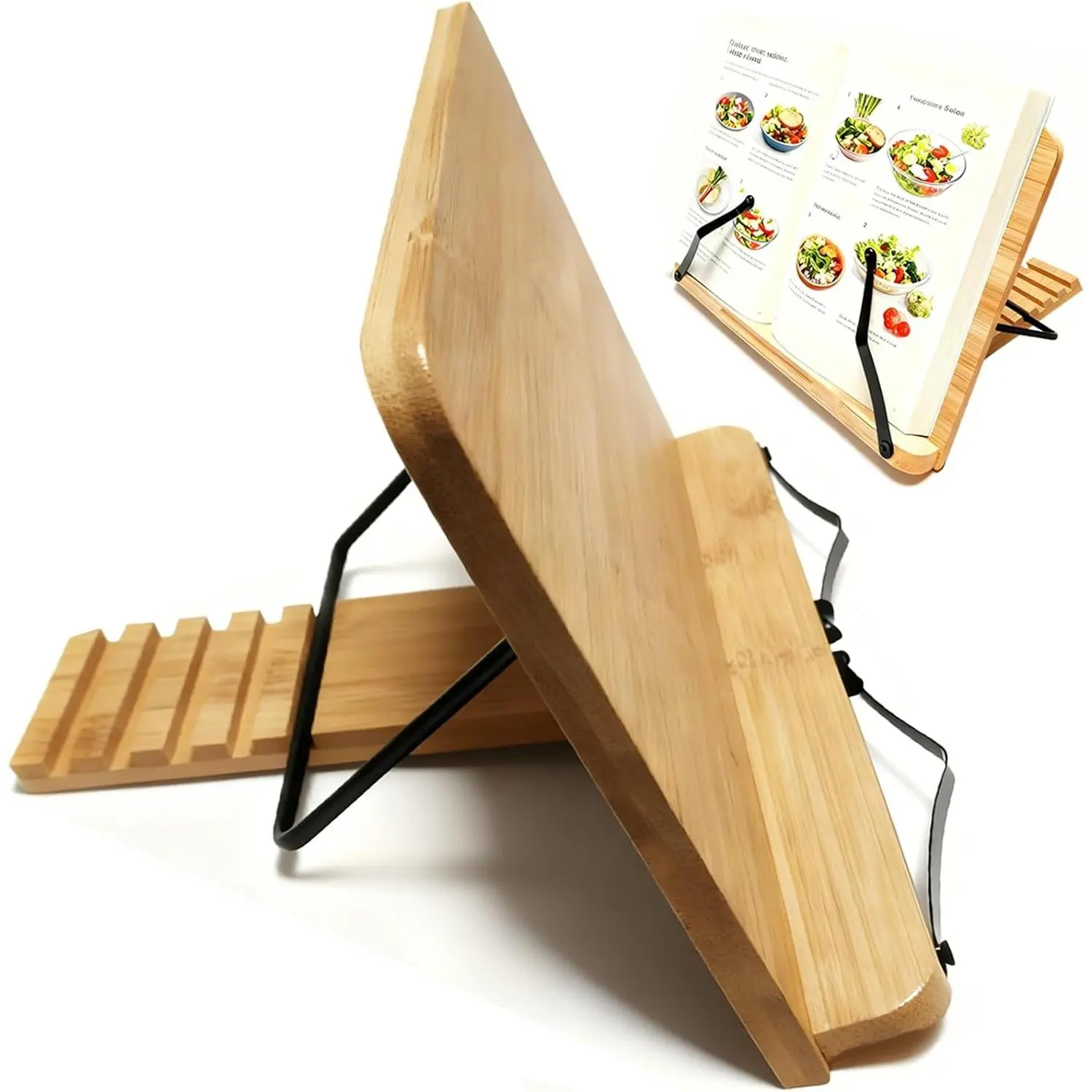 Recipe Book Holder, Bamboo Book Stand with 6 Adjustable Angles, Foldable Lockable Cook Book Stand for Kitchen Counter, Holds 400 Pages Thick Book for Home Office Dorm (11 x 7.7 Inch)
