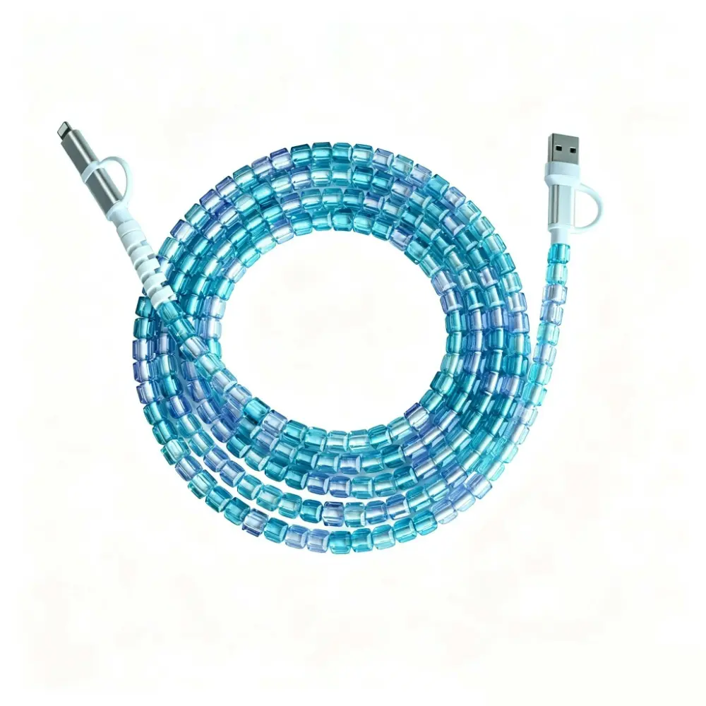 Beaded 4 In 1 Square Sugar Decor Charging Cable 5.9 Foot 60W Max Fast Charging Works With All USB C And Lightning Devices Perfect Fast Charge Cable For Ladies