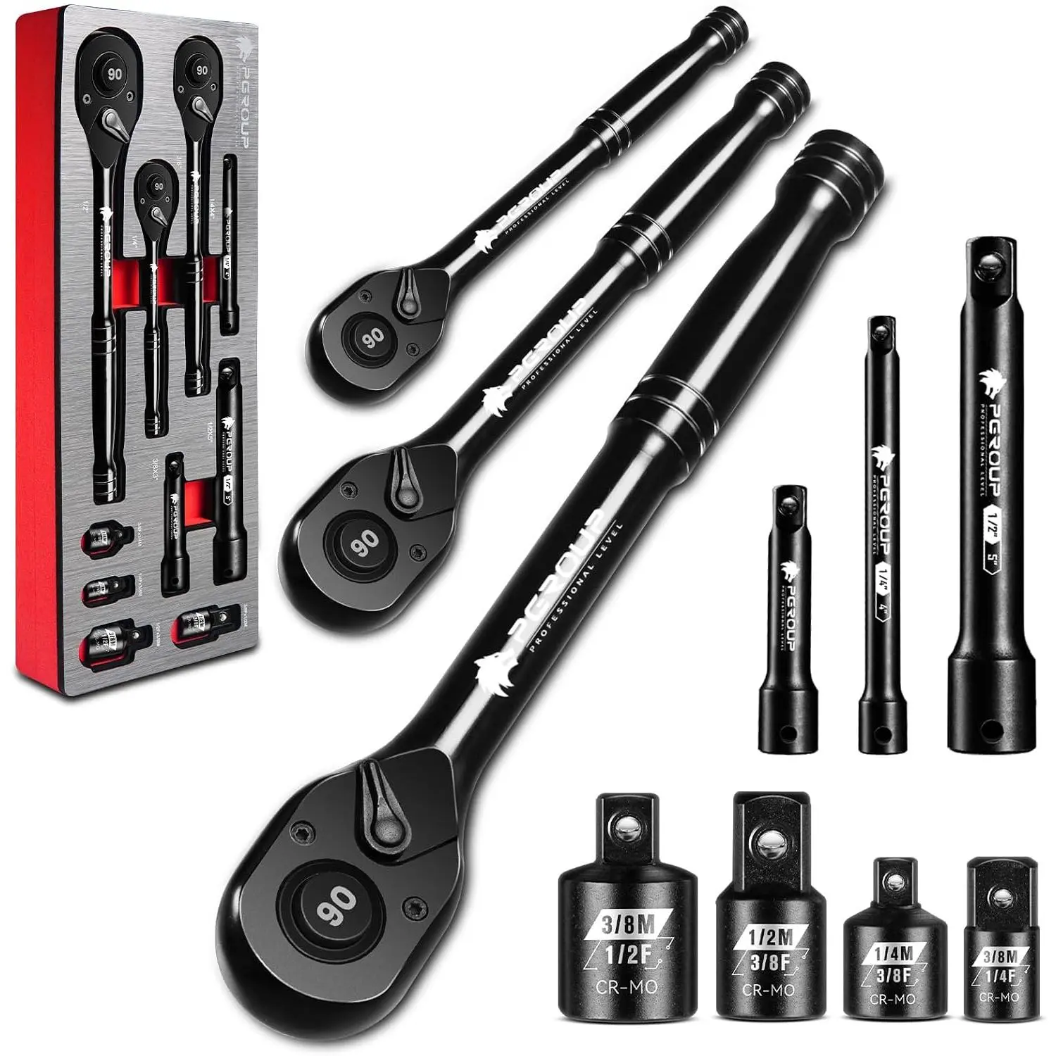 10- Ratchet Set, 1/4”, 3/8”, 1/2” Drive 90- Ratchets & Accessories, Quick Release Reversible Ratchet Wrenches with Extension Bars & Socket Adapters for Repairing  DIY