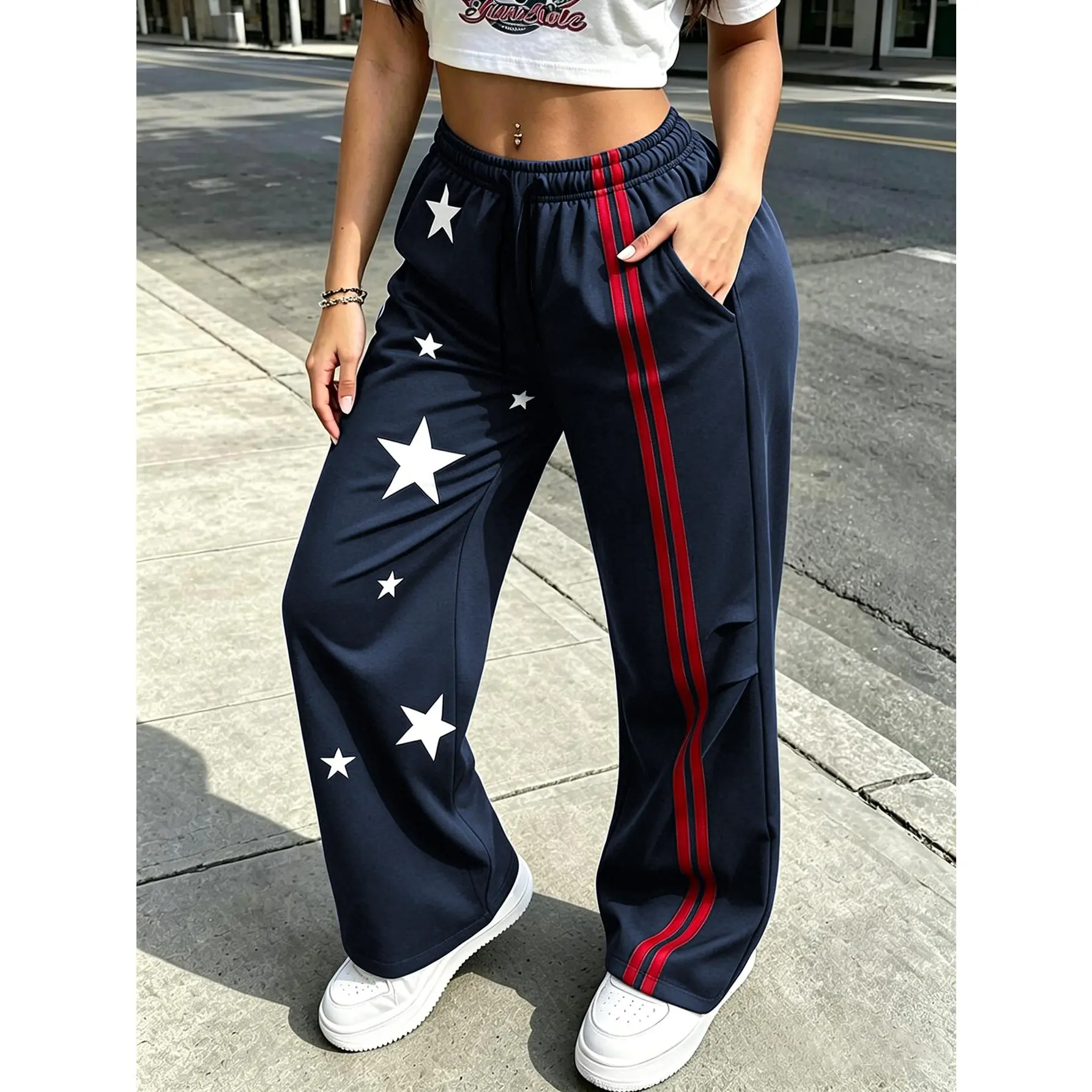 Women's Fashionable Sports Pants with Star Side Red Stripes, Wide Leg Versatile Pants, Elastic Waist and Drawstring, Loose and Casual American Street Pants