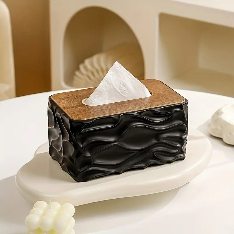 Nordic Minimalist Style Corrugated Tissue Box, Arched Tissue Box With Wood Grain Lid, Suitable For Bathroom, Bedroom, Living Room, And Student Dormitory. Bathroom Accessories