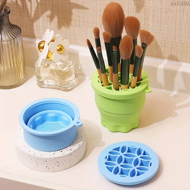 2-in-1 Foldable Silicone Makeup Brush Cleaning Bowl, Portable Washing Cup with Drying Rack, Multipurpose Beauty Tool Cleaner
