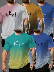 5-Pack Plus Size Men's Casual T-Shirts, Boho Style, Short Sleeve, All over Print, Loose-Fit, Round Neck, Spring & Fall Wear