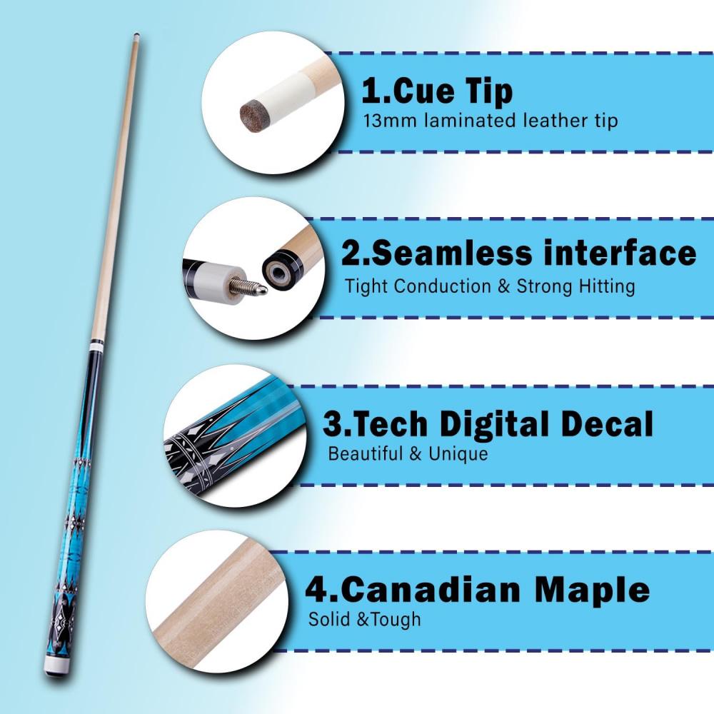 58 In Maple Wood Billiard Pool Cue Stick, 13mm Leather Tip, 19-20 oz, 2-Piece Set 1/2 Split Easy Assembly Design, for House and Bar Use, Two Piece Set