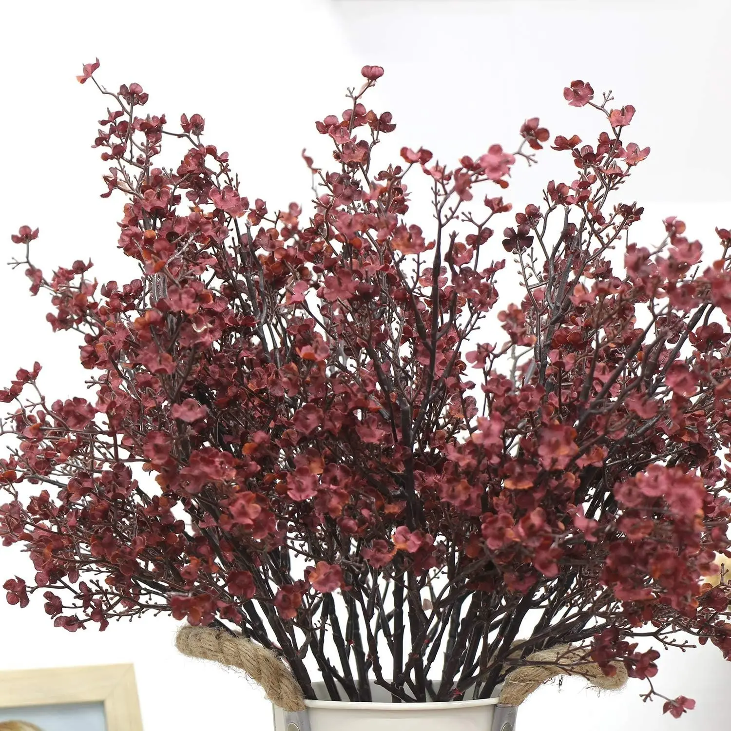 12pcs Artificial Silky Fall Flowers, Burgundy Fake Gypsophila Bouquet, Soft Touch Faux Autumn Floral Stems, Rustic Farmhouse Decor