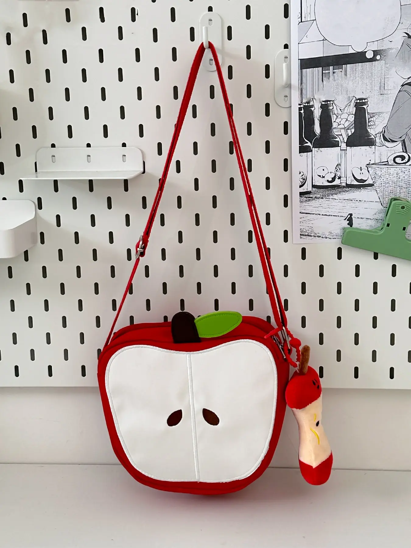 Cute apple shaped crossbody bag with cartoon fruit design, paired with plush apple core pendant, adjustable shoulder strap mini zipper handbag, sweet Y2K Kawaii daily dating mobile messenger bag