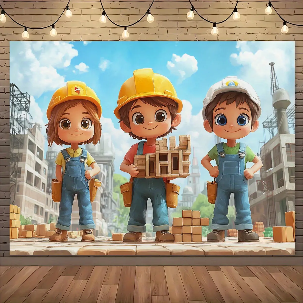 Construction Theme Tapestry Backdrop – Cartoon Worker and Building Design Banner. Ideal for Labor Day Events, Construction Parties, Photo Backgrounds, and Themed Celebrations.