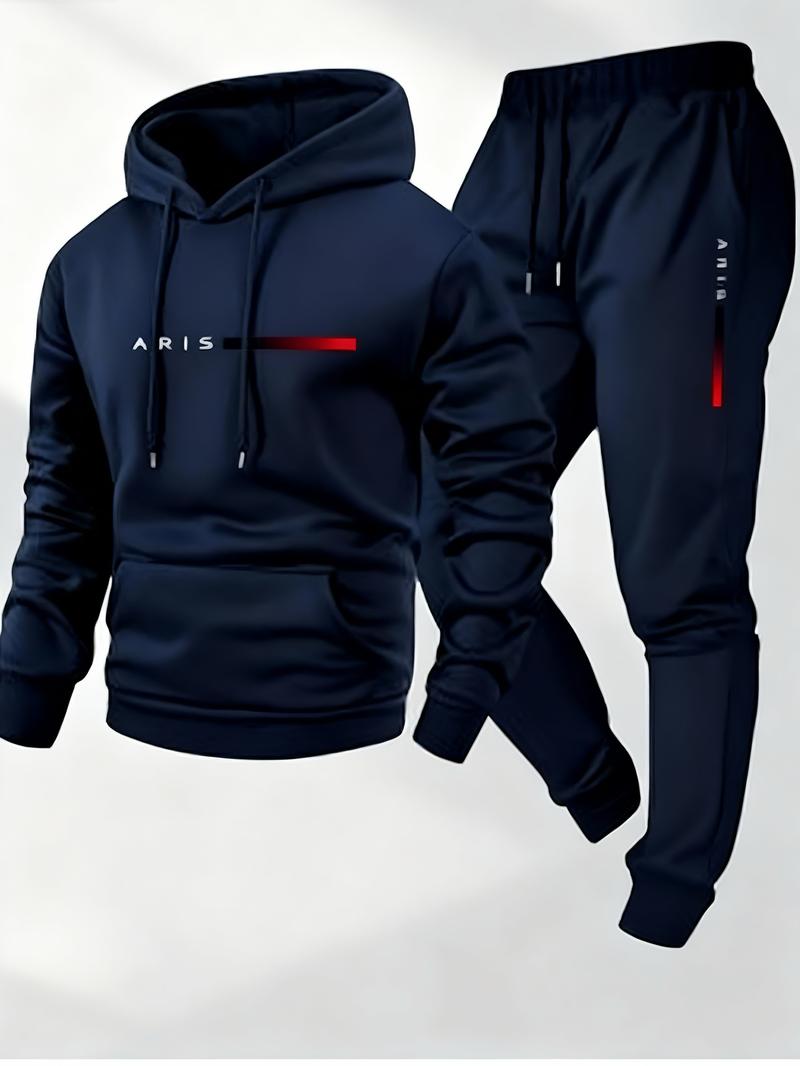 Men's Casual Hoodie Tracksuit 2 Piece Set - Light Gray Fashion Letter Print Sweatshirt + Drawstring Jogger Pants Sportswear for Daily/Leisure