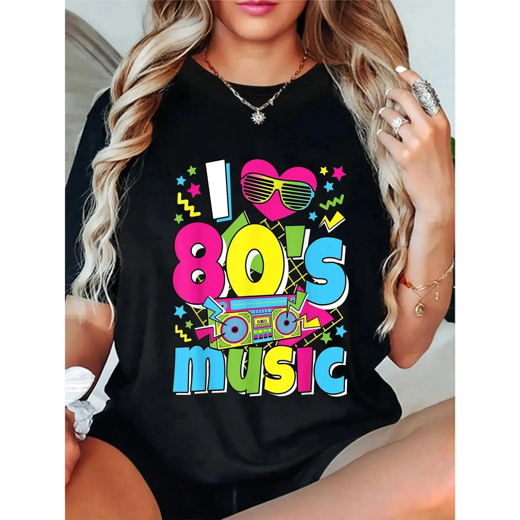🎵 🖤 100% Cotton I Love 80s Music 80's Costume Eighties Theme Outfit 1980s T-Shirt Short Sleeve T-Shirt Women's Men's Graphic Tee Causal Tops