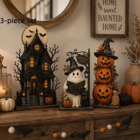 3-Piece Haunted House, Ghost and Pumpkin Figurine Set, Retro Spooky Halloween Tabletop Decorations, Autumn Home Decor Gift