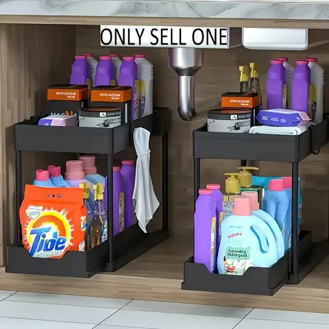 2-Tier Sliding Under-Sink Cabinet Organizer, Heavy-Duty Tracks, Durable Metal Frame, Space-Saving Multifunctional Storage Rack for Kitchen & Bathroom, Home Organizer