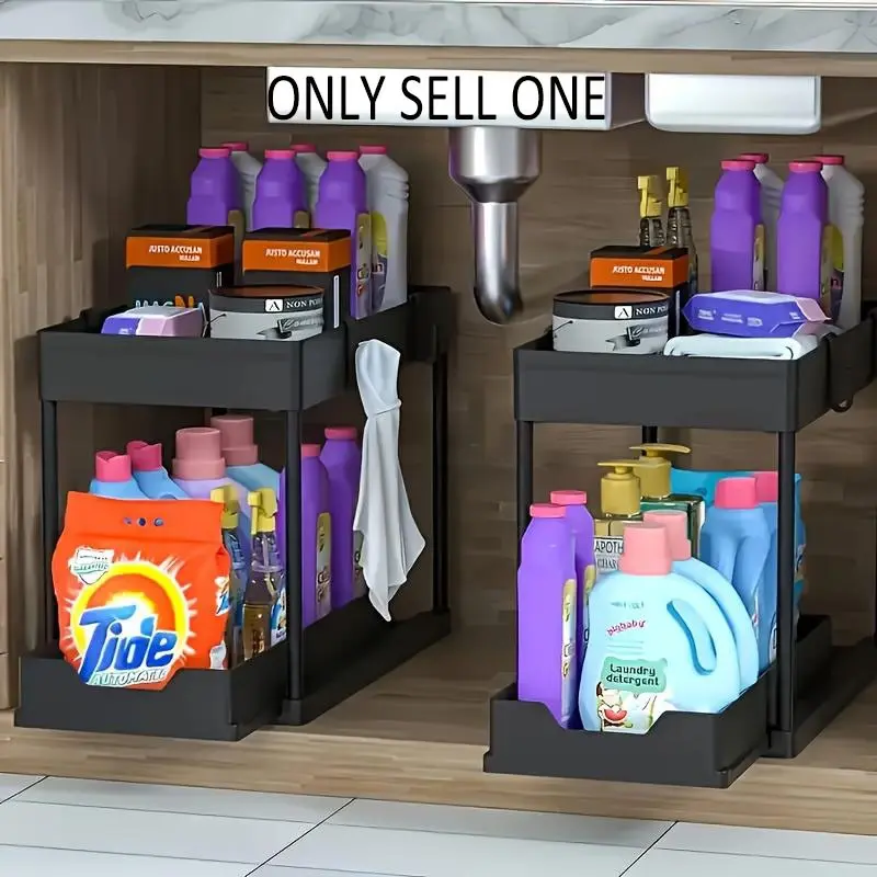 2-Tier Sliding Under-Sink Cabinet Organizer, Heavy-Duty Tracks, Durable Metal Frame, Space-Saving Multifunctional Storage Rack for Kitchen & Bathroom