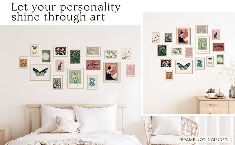 Vintage Eclectic Home Decor - 16 Pcs Boho Gallery Wall Art Prints Set, Cute Dorm Posters For Room Aesthetic Pictures, Earthy Boho Wall Decor For Girl Bedroom Apartment Decoration (Unframed)