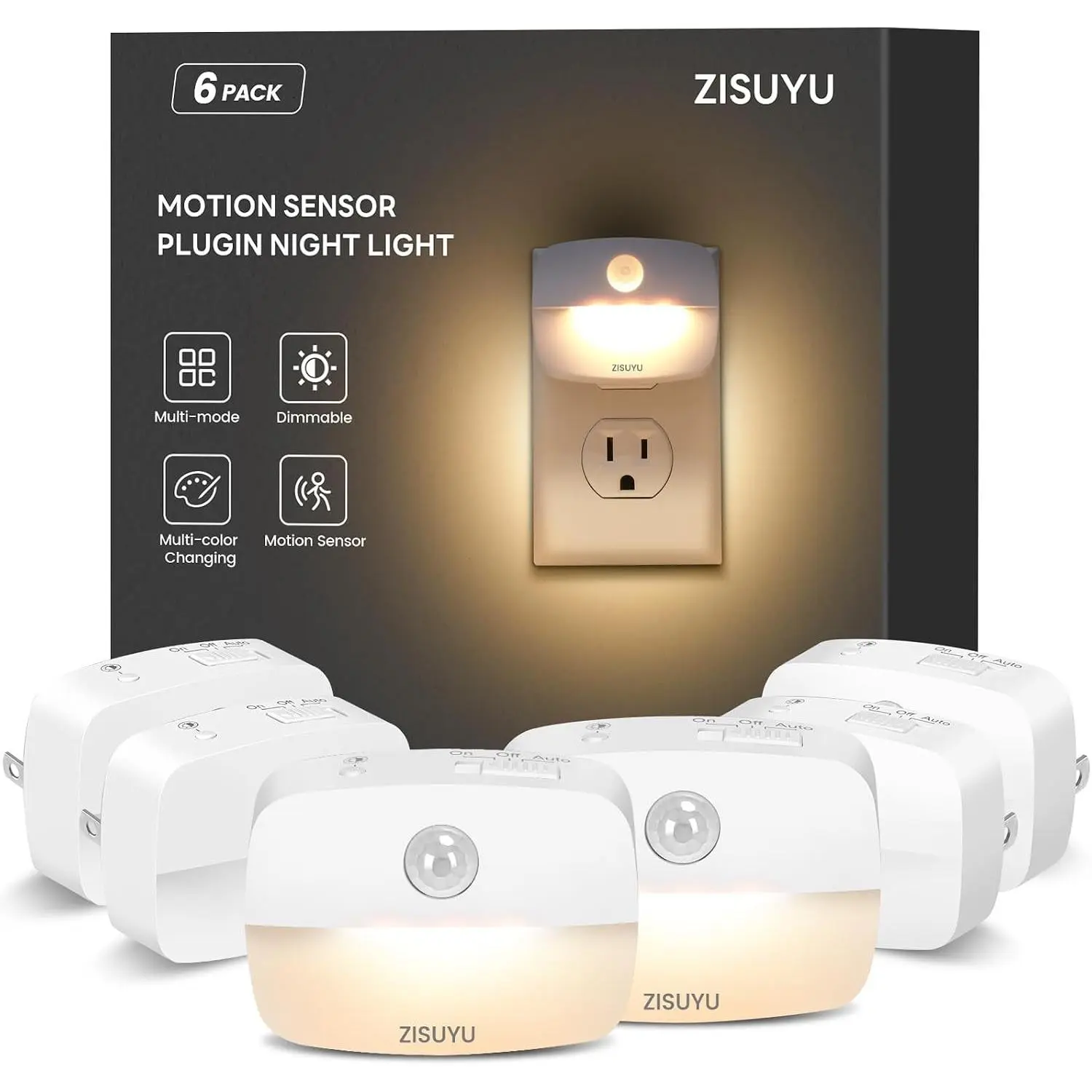Plug-in LED Night Light with Motion Sensor, 10-60lm Dimmable Nightlight with Multi-Mode & Color-Changing, Ideal for Bedroom, Kitchen, Bathroom, Stairs, Hallway (6 Pack)
