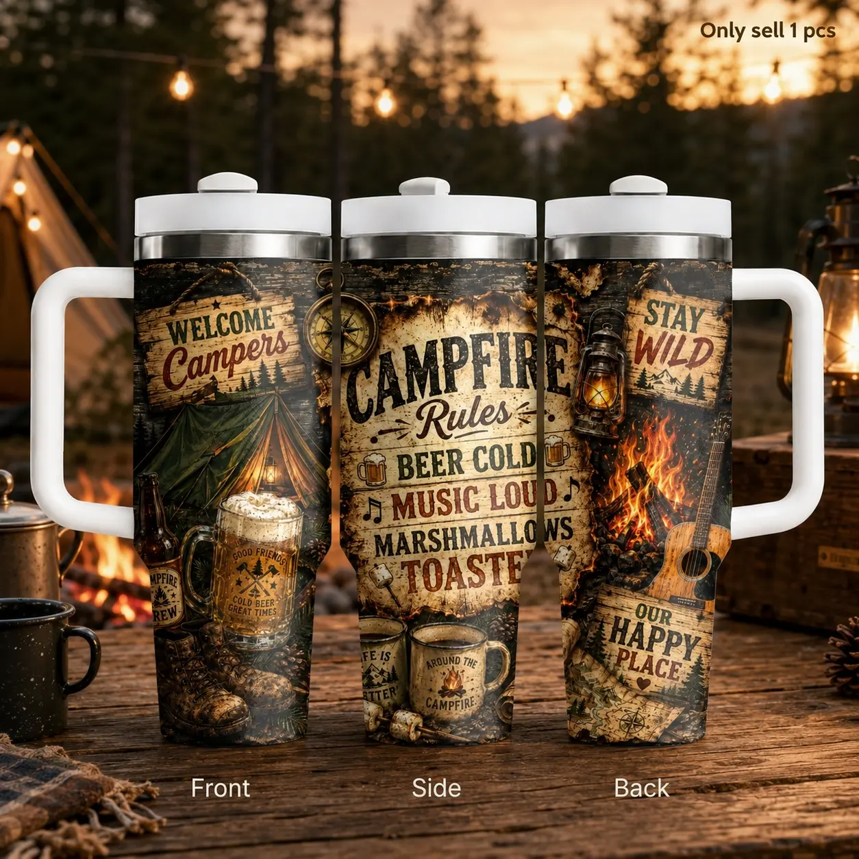 Camping Beer Good Times 40oz Tumbler for Men, Funny Outdoor Insulated Cup with Handle and Straw, Leakproof Stainless Steel Drinkware for Campfires, RV Trips, Tailgating and Beer Lover Gifts