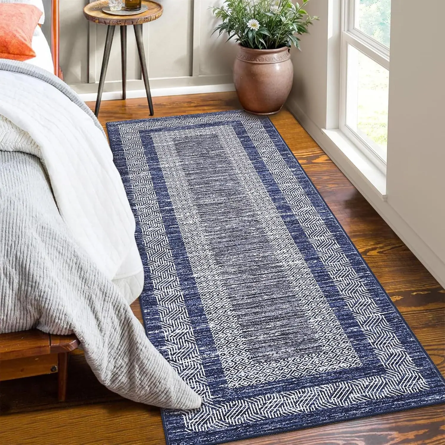 Modern Bordered Runner Rug Soft Non Slip Runner Washable Non Shedding Floor Carpet, Distressed Geometric Hallway Runner, Indoor Printed Runner for Kitchen, Entrance