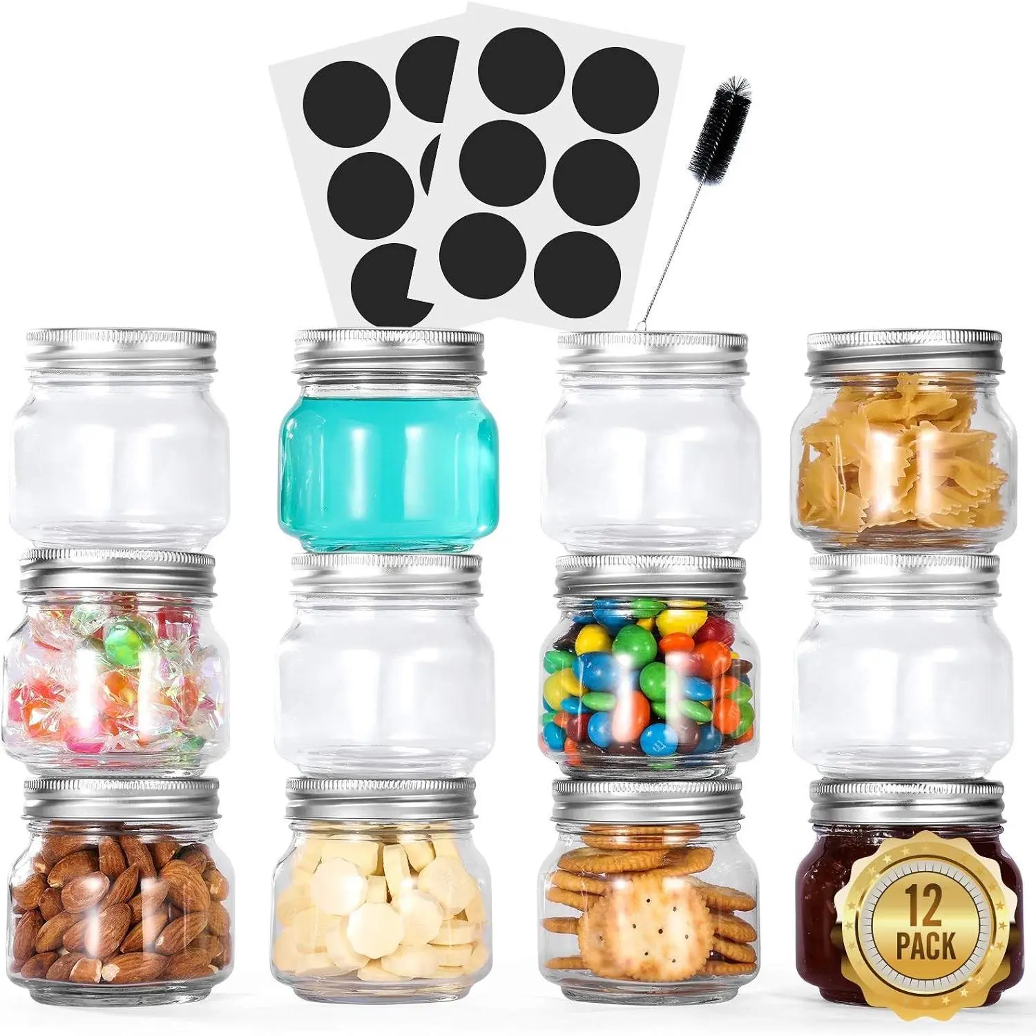 8 OZ Regular Mouth Mason Jars with Lids and Bands, 12 Pack Bulk Canning Jelly Jars for Jam, Honey, Spice, Includes 1 Cleaning Brush and 12 Chalkboard Labels