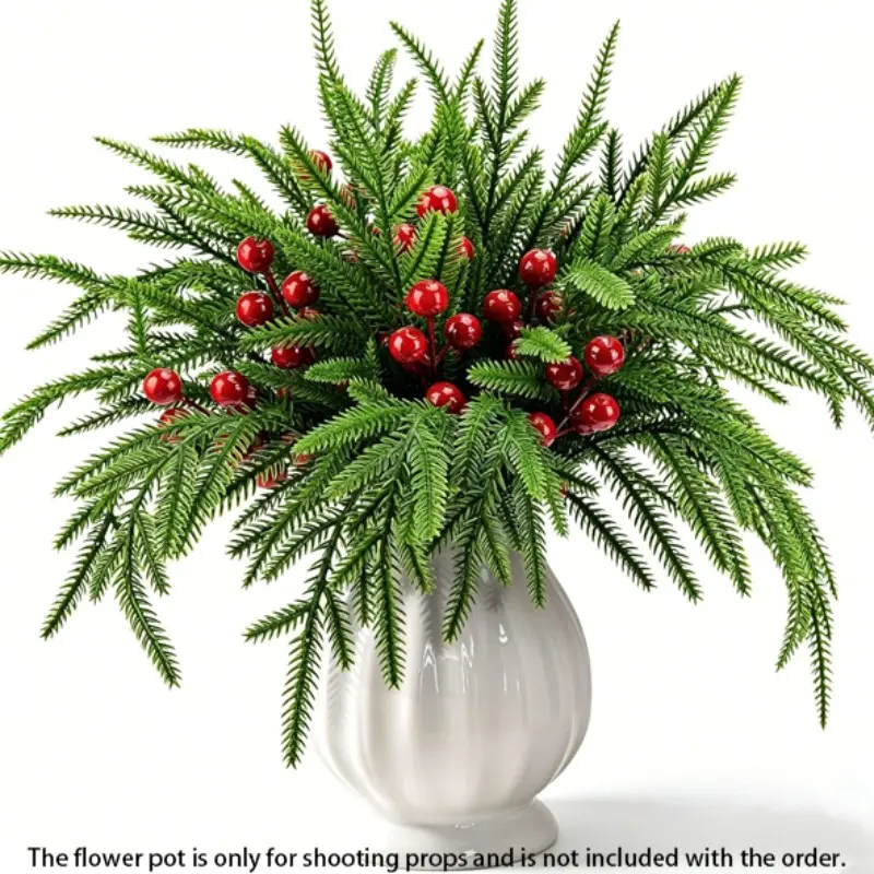 Artificial Norfolk Pine Greenery Picks 45 Pack 35 Green Pine Stems +10 Red Berry Sprigs Fake Pine Needles for DIY Crafts Garland Vase Christmas Home Decor