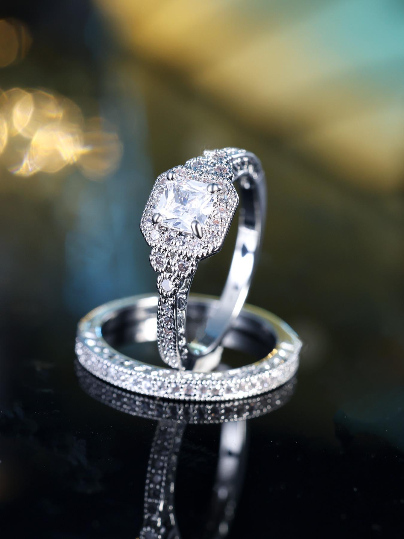 2counts/set Women's Elegant Fashion Rhinestone Decorated Ring, Casual Versatile Accessories, Streetwear Cubic Zirconia Jewelry