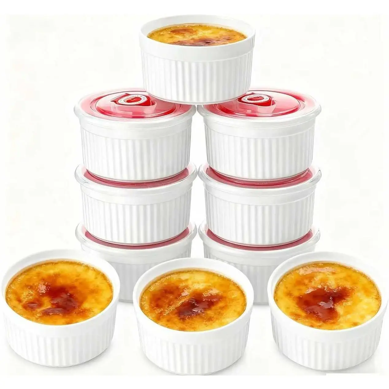 Ramekins with Lids Set of 6, 8 oz Porcelain Creme Brulee Souffle Ramekins with Covers, White Pudding Custard Cups Ramiken for Baking, Small Bowls for Sauces Dessert, Dishwasher and Oven Safe