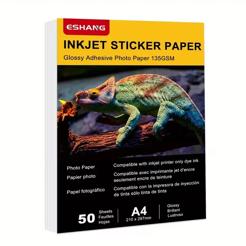 50 Sheets Glossy A4 Size Sticker Paper, 135gsm, 36lb Self-Adhesive Photo Paper, Suitable for Inkjet Printing, Ideal for DIY Projects