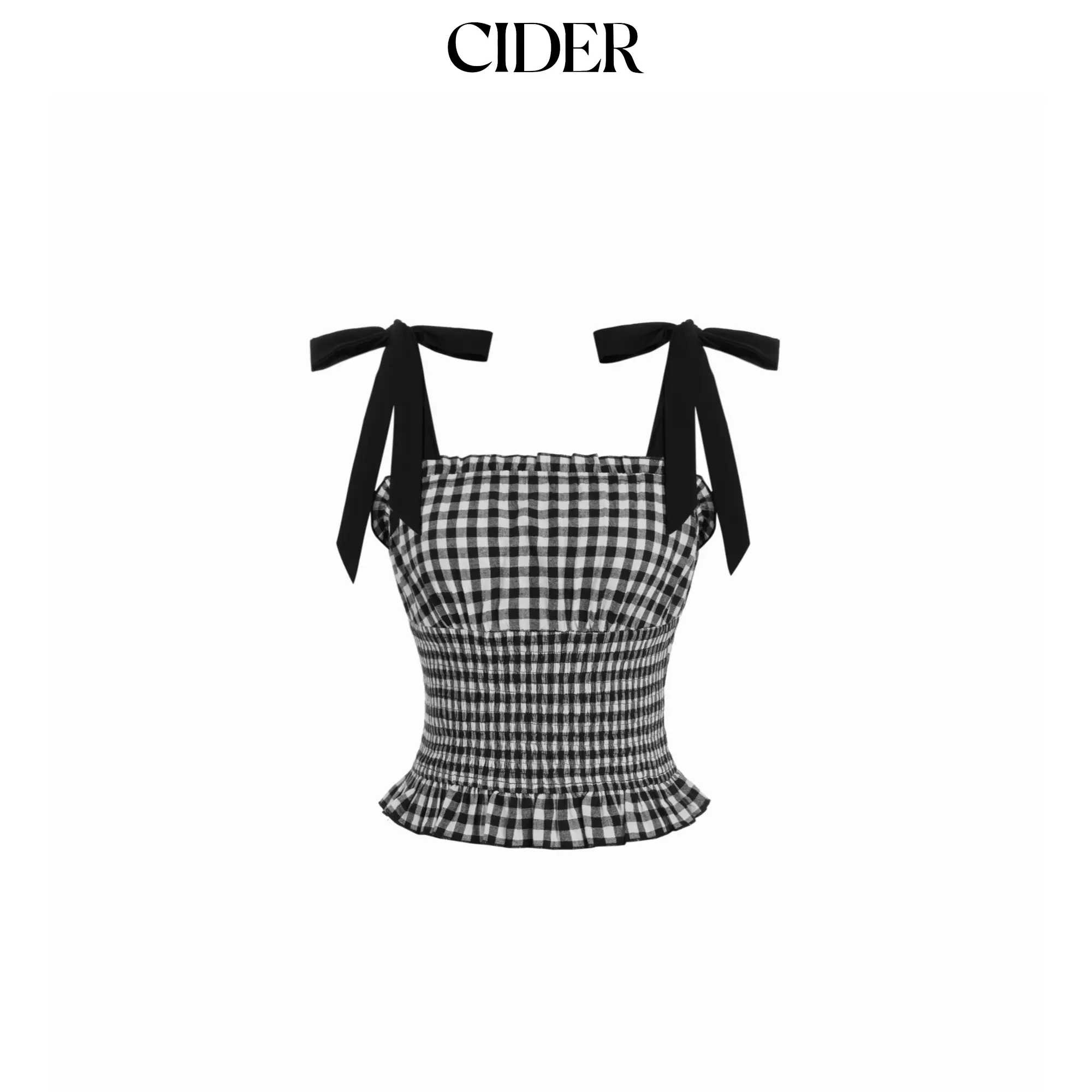 Cider Cotton Gingham Square Neck Bowknot Shirred Ruffle Hem Cami Top