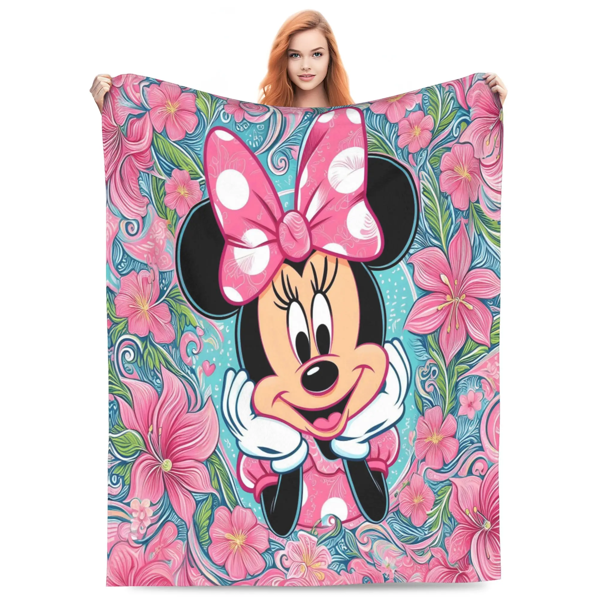 DISNEY CLASSIC Cute Minnie Mouse Throw Blanket, Pink Polka Dot Bow Tropical Hibiscus Floral Print Flannel Fleece Blanket, Soft Lightweight Cozy Blanket for Sofa Bed Bedroom, Cartoon Gift for Girls Women Kids